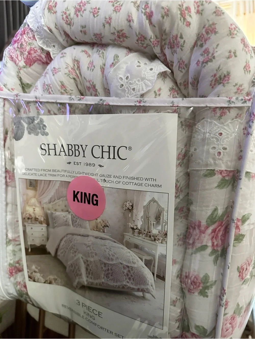 Shabby Chic Pink and White Rose Print Comforter Set king size